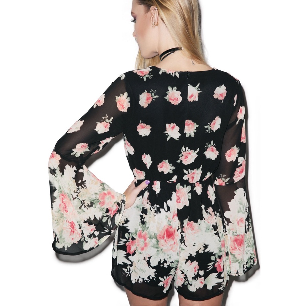 Choies Black Multicolored Floral Chiffon V-Neck Bell Long Sleeve Flowy Romper - Picture 4 of 13